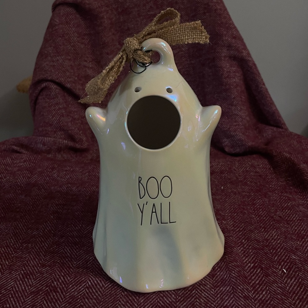 Rae Dunn white, iridescent “Boo Y’all” decorative ghost birdhouse.